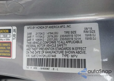 2019 Acura Rdx Advance Package from USA, damaged, VIN 5J8TC1H72KL007448